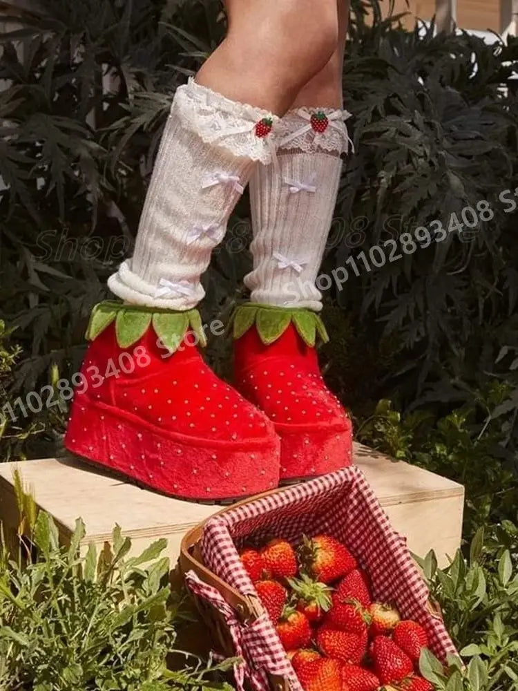 Red Strawberry Design Thick Soled Sweet Pumps Waterproof Cosplay Runway Style Fashion Big Size Women Shoes 2025 New Para Mujere