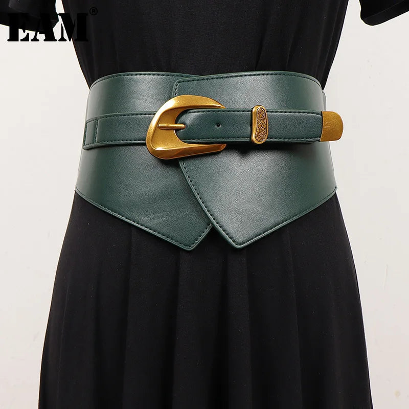 Vintage Black Faux Leather Wide Waist Belt for Women