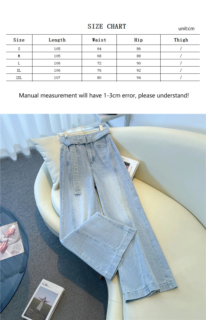 Fashion High Waist  Belt Jeans for Womrn Korean Versatile Loose Light Blue Denim Pants Retro Design Sense Wide Leg Trousers