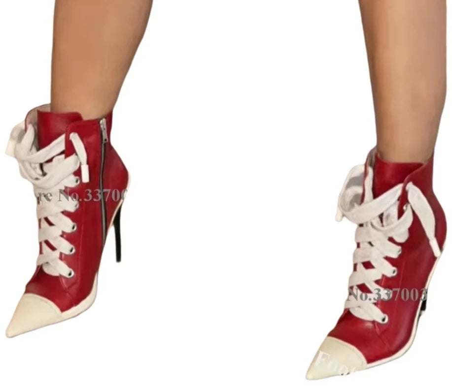 Patchwork Leather Pointed Toe Stiletto Ankle Boots for Women