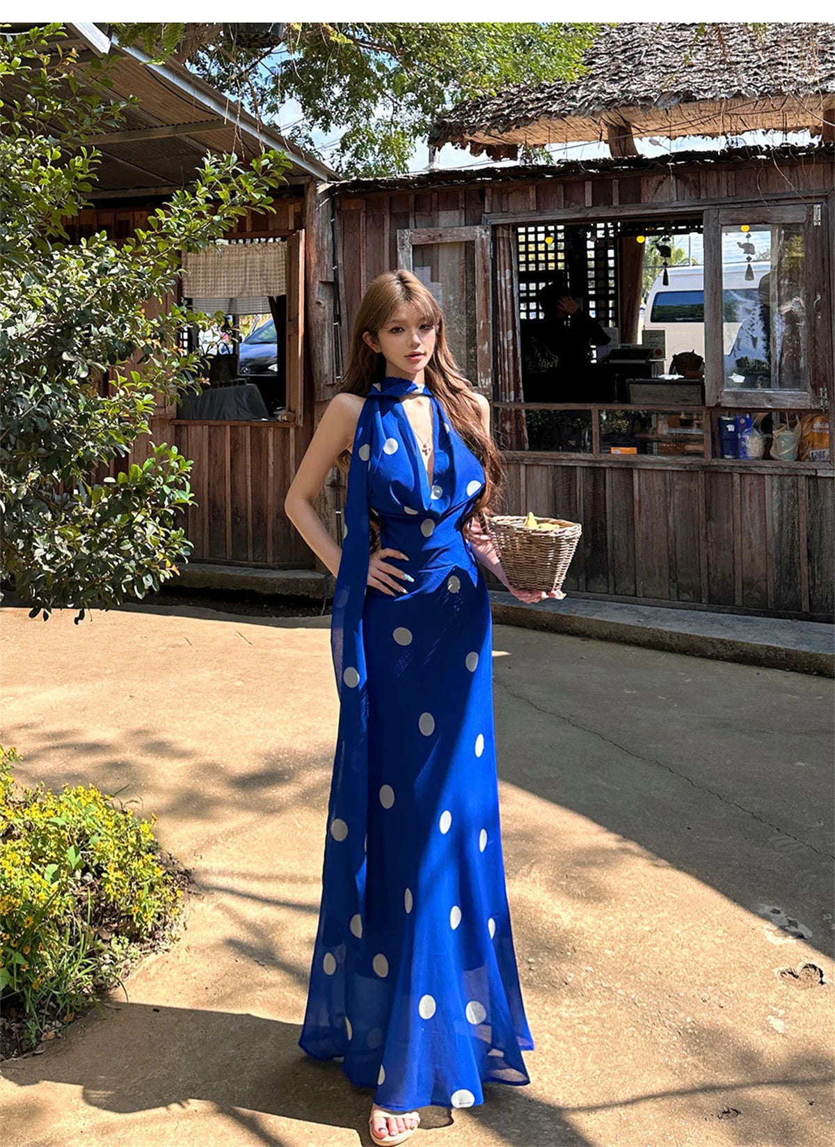 Vintage Polka Dot Backless Halter Maxi Dress for Women