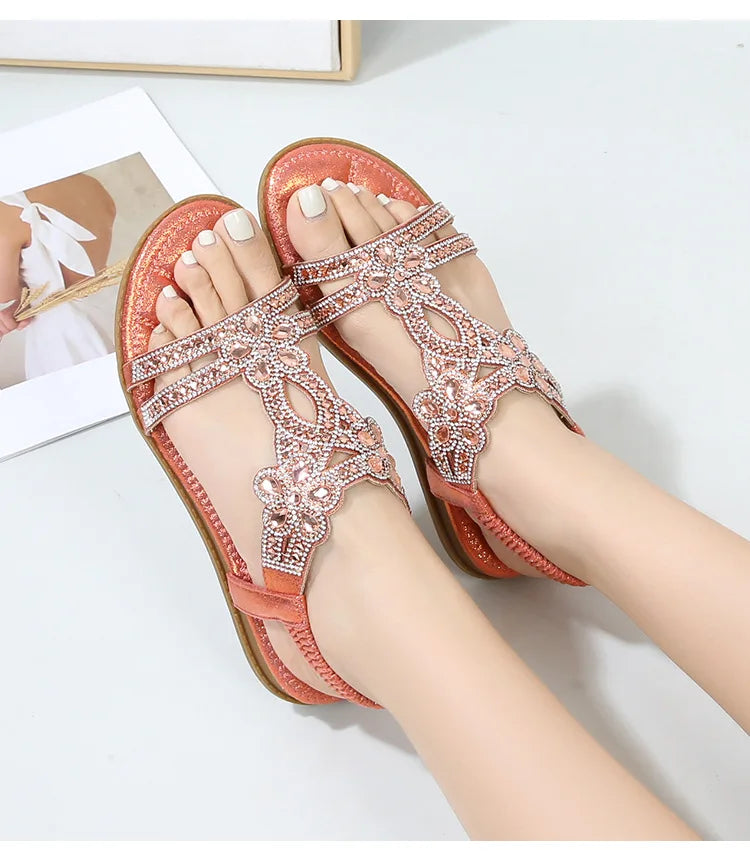 Bohemian Rhinestone Openwork Flat Sandals For Women