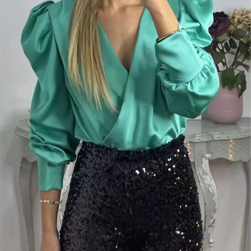 Spring Solid Color Commute Satin Shirt Pullover Fashion V-Neck Puff Long Sleeve Blouses Female Temperament Pleated Ruffled Tops