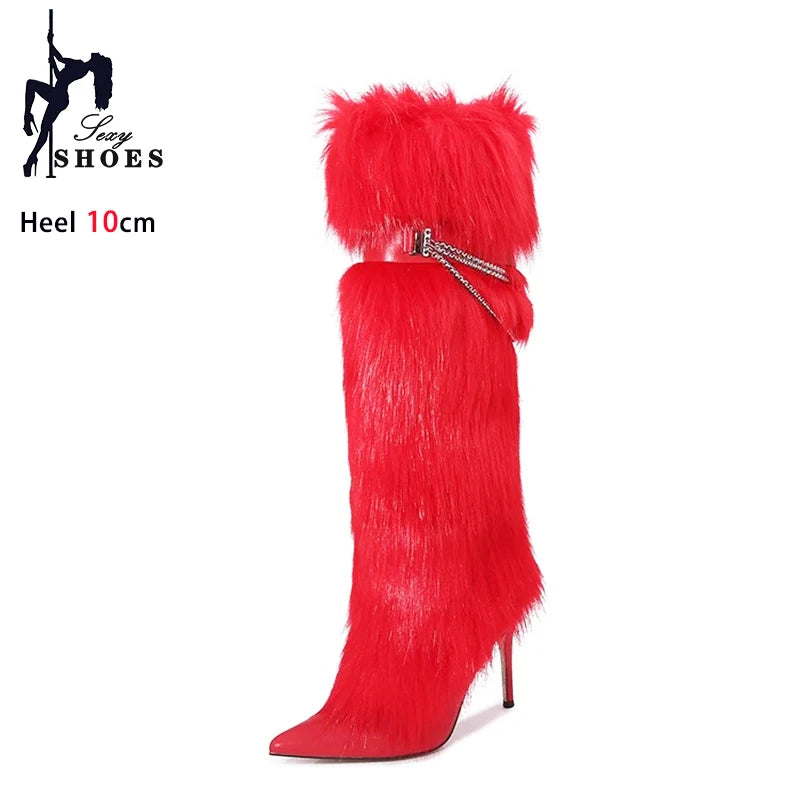 Elegant Faux Fur Knee High Stiletto Boots for Women