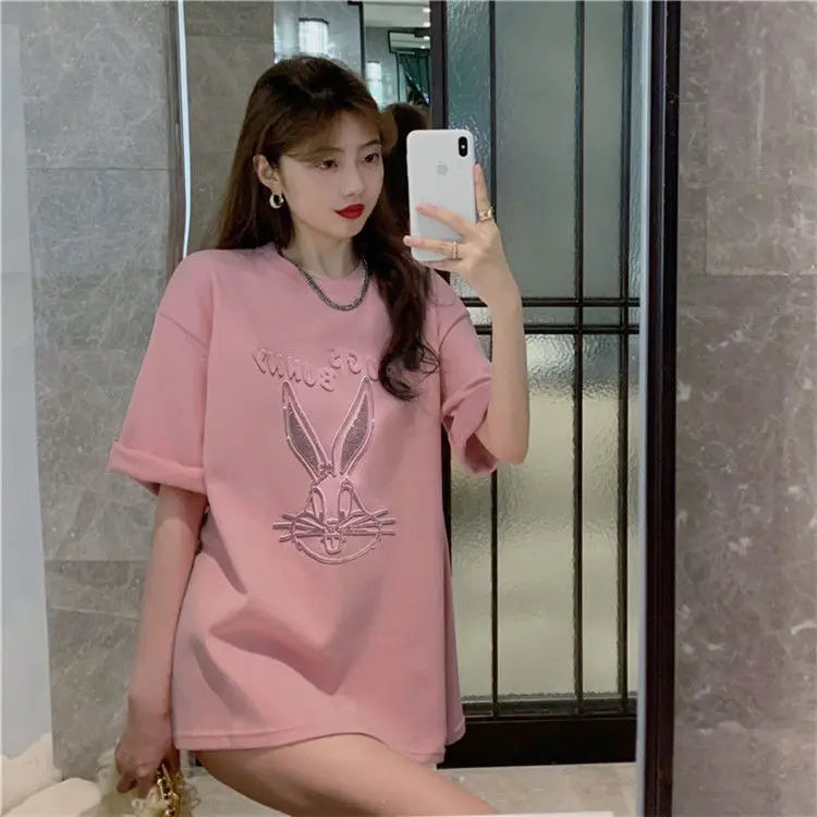 Fashion Women's T-shirt For Summer Short Sleeve Pulovers Midi Loose Clothes Casual Graphic Aesthetic Cotton Tops Korean T Shirt