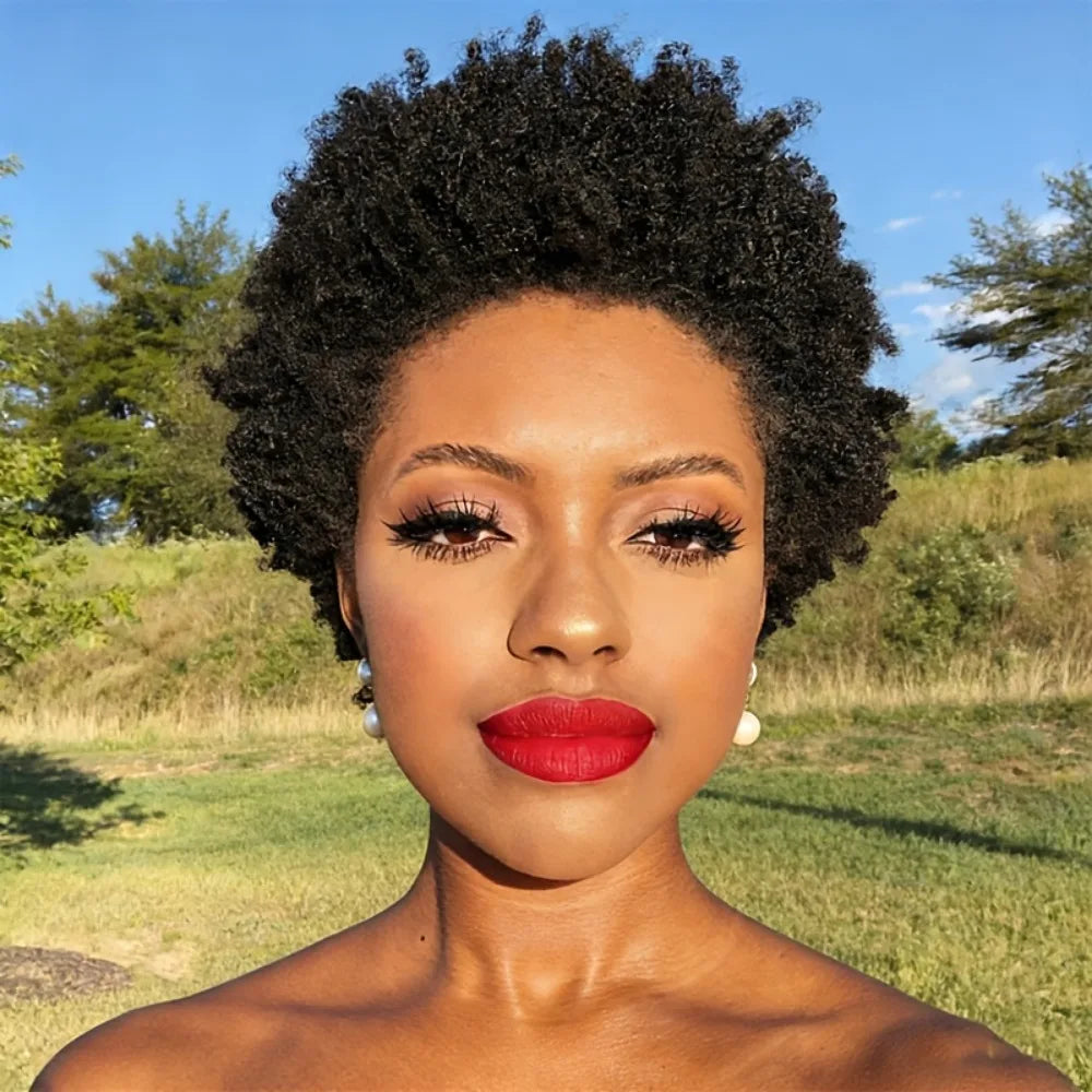 Natural Black Short Afro Kinky Curly Remy Human Hair Wig For Women