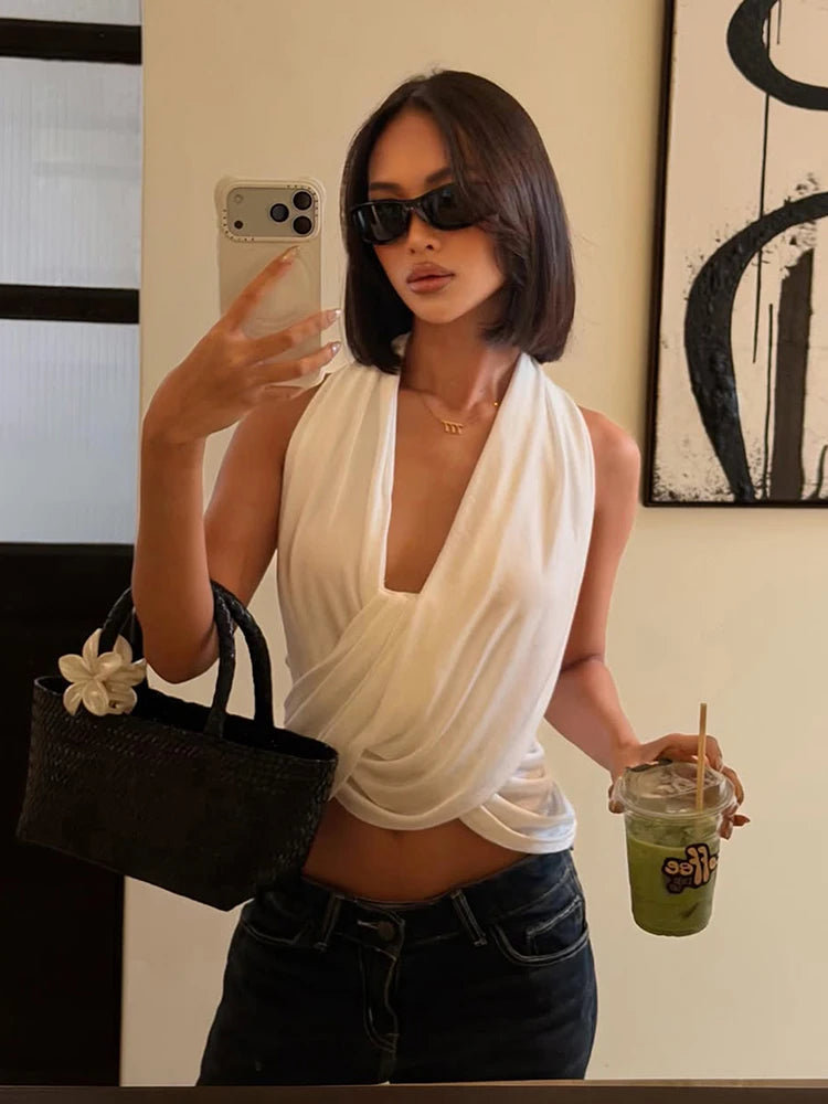 Ruched Irregular Backless Halter Tank Top for Women