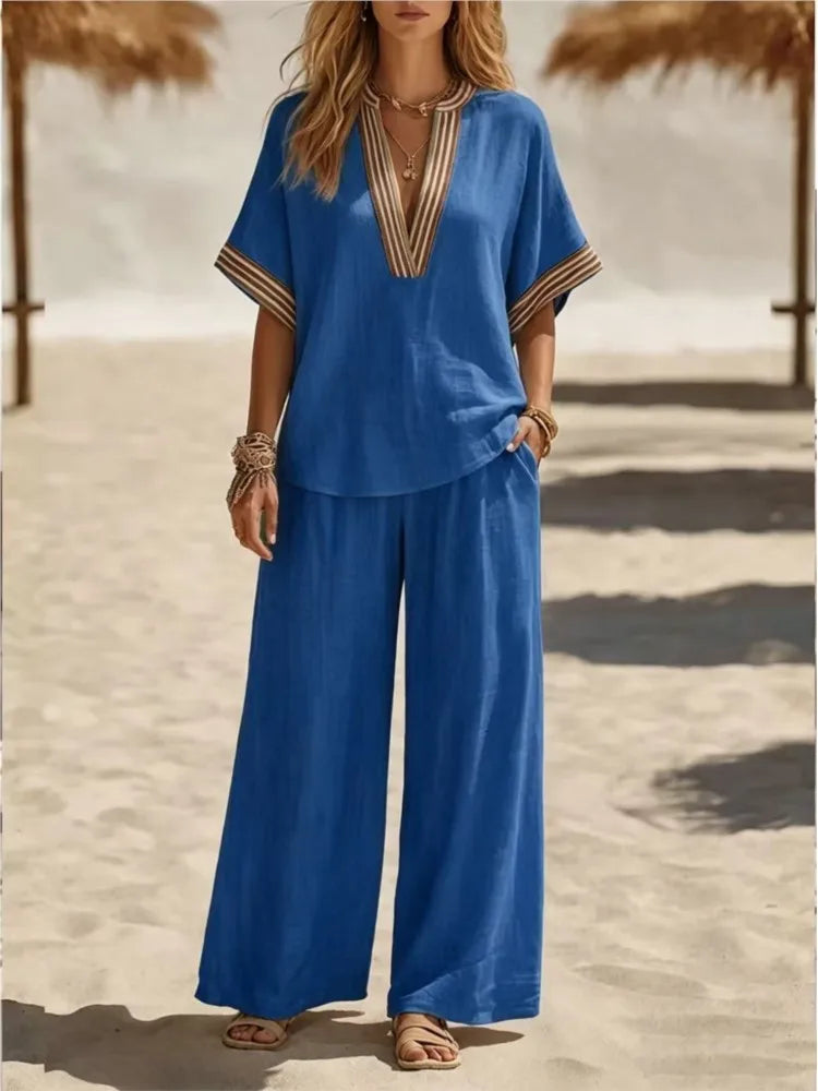Striped V Neck Short Sleeve Two Piece Set for Women