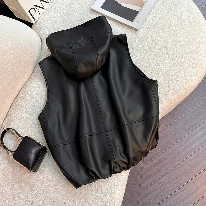 Elegant Lightweight Hooded Faux Leather Vest for Women