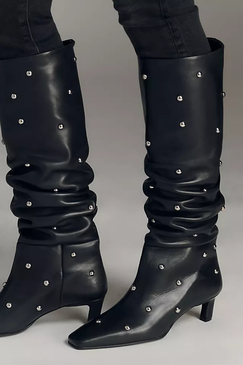 Black Studded Slouch Knee Boots