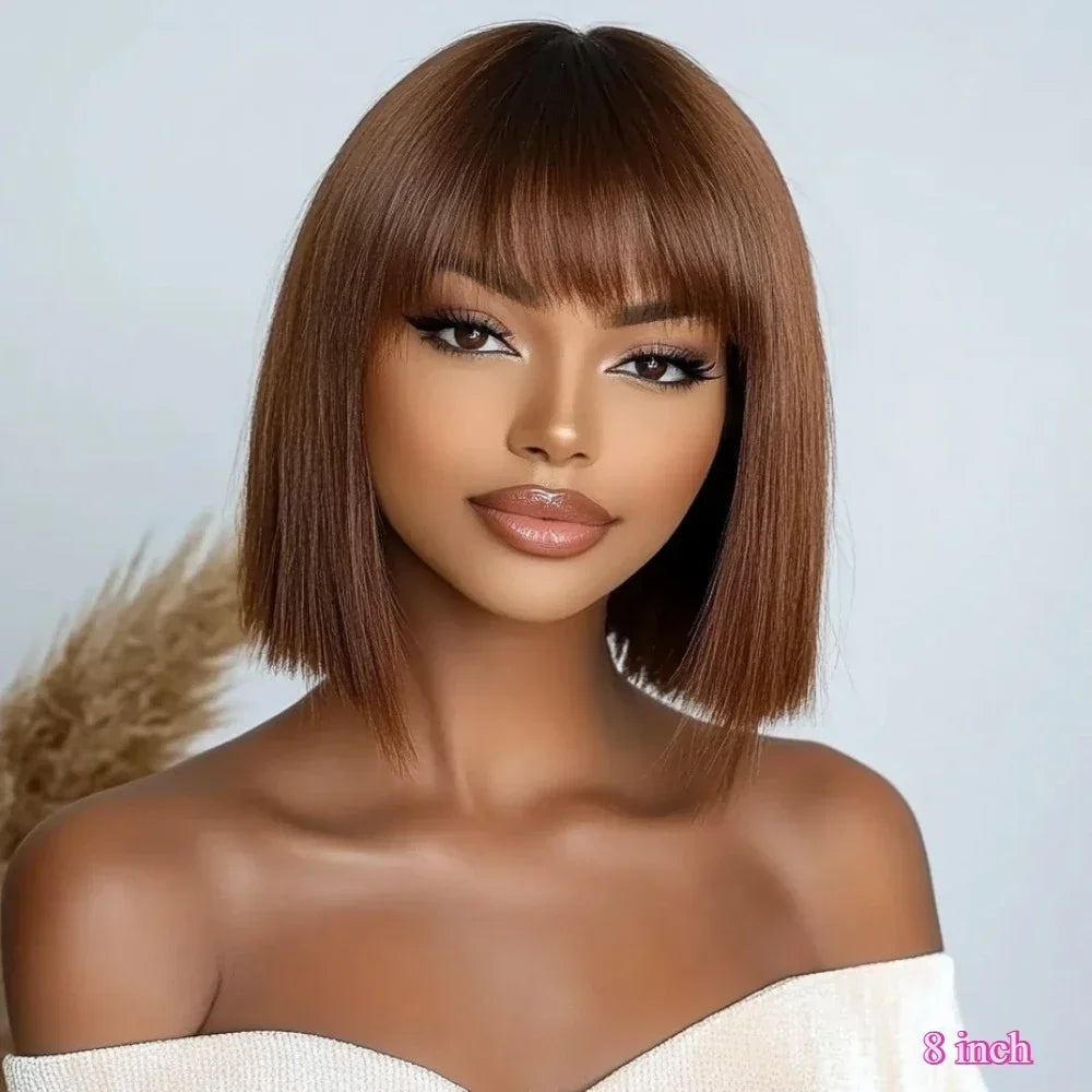Short Straight Human Hair Bob Wig With Bangs for Women