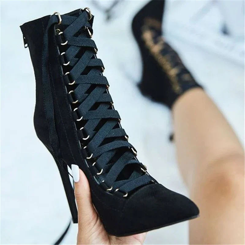 Flock Lace Up High Heel Pointed Toe Ankle Sandals For Women