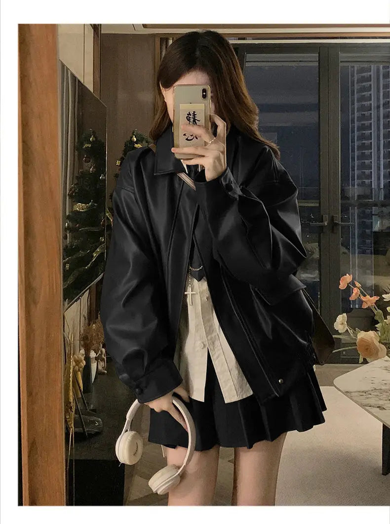 Short American Retro PU Leather Baseball Jacket for Women