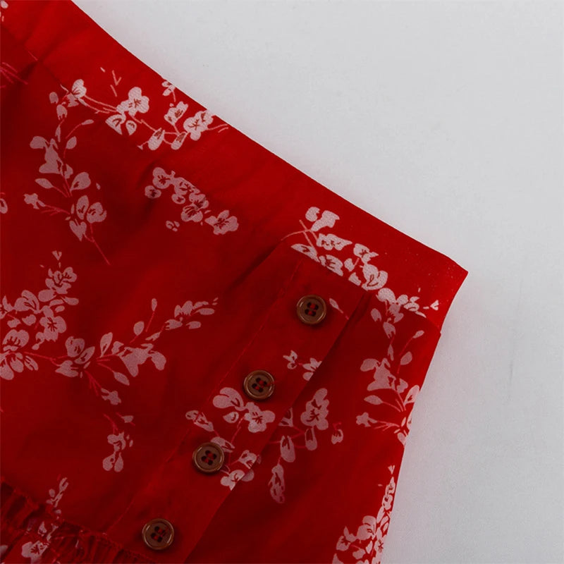 Red Print Butterfly Sleeve Hollow Out Skirt Set for Women