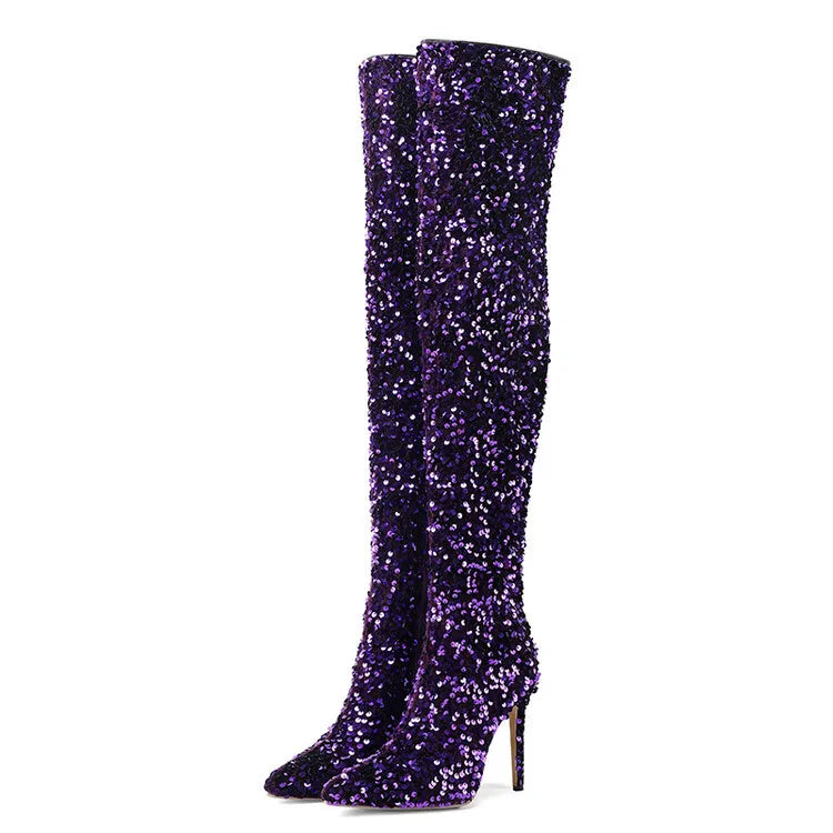 Sequin Pointed Toe Over The Knee Stiletto Boots For Women With Rear Zipper