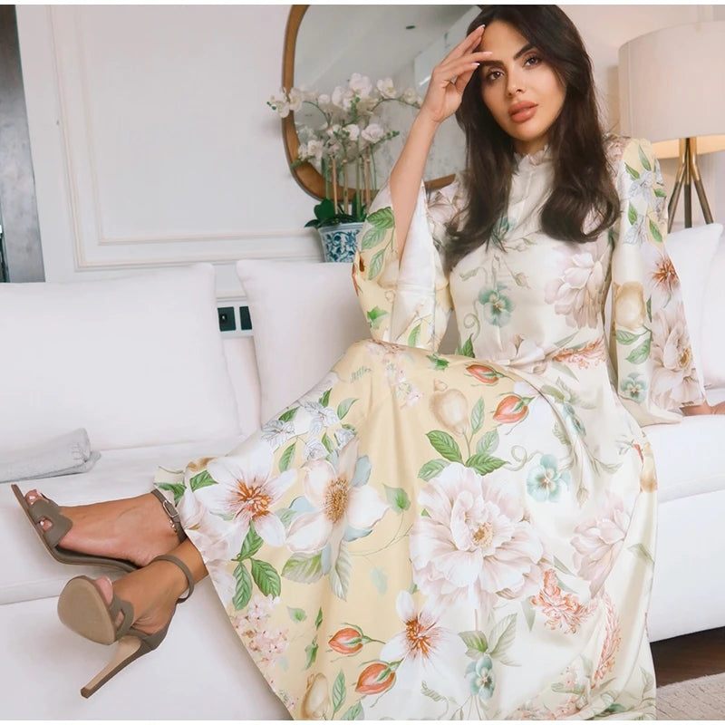 Elegant Print Dress with Stand Collar and Flare Sleeves for Women