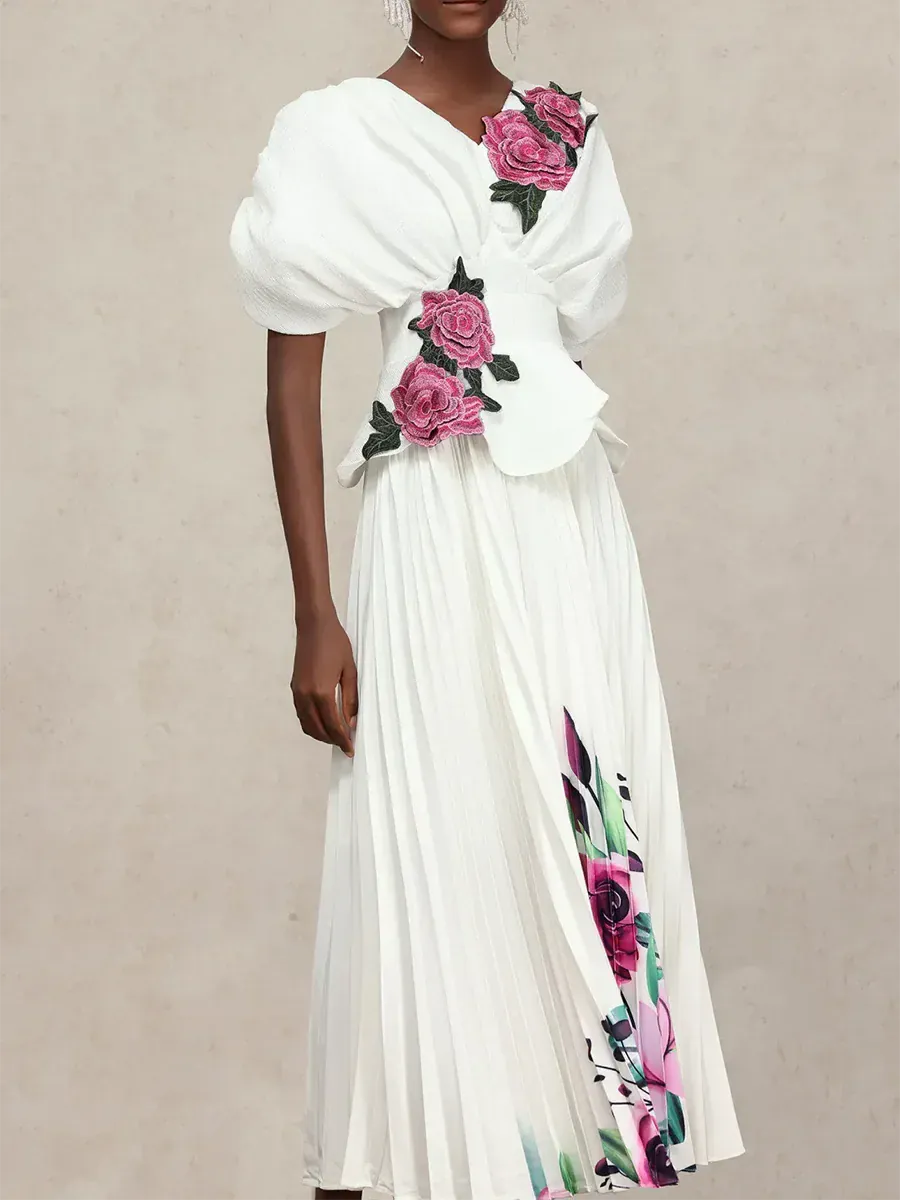 TWOTWINSTYLE Printing Spliced Embroidery Elegant Dresses for Women V Neck Short Sleeves Tunic Patchwork Folds Long Dress Female