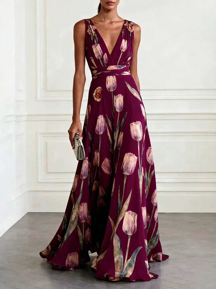Elegant Deep V-neck Chiffon Long Dress Summer Fashion Pattern Print Women Dress Sexy Sleeveless Hight Waist Draped Holiday Dress