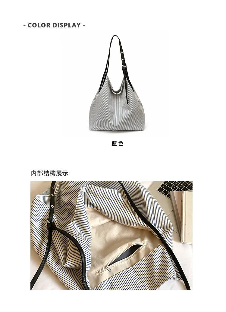 Casual Stripe Canvas Lightweight Shoulder Tote Bag for Women