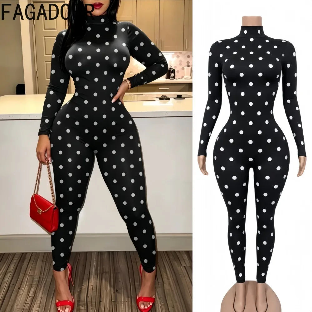 Polka Dot High Neck Long Sleeve Jumpsuit for Women