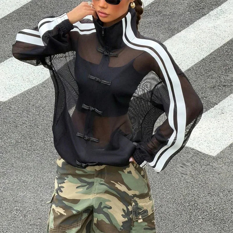 Sheer Mesh Stand Collar Frog Button Jacket for Women