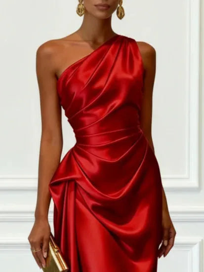 Elegant Satin Sleeveless Evening Party Midi Dress for Women