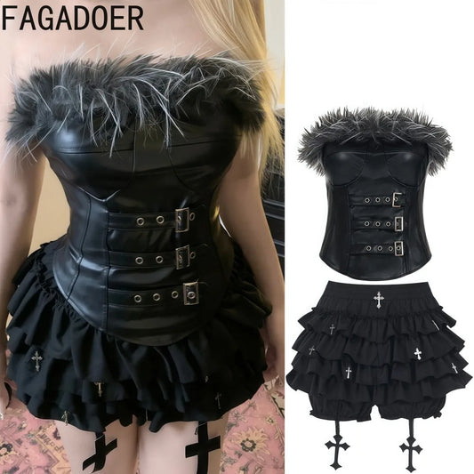 FAGADOER Punk Gothic Sexy Fur Leather Patchwork 2 Pieces Set for Woman Sleeveless Backless Tops and Bubble Puff Skirt Streetwear