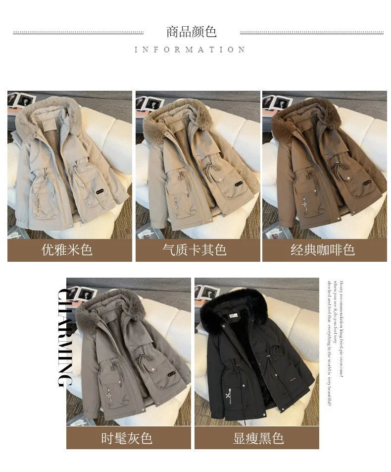 Korean Style Quilted Hooded Coat With Fur Collar For Women