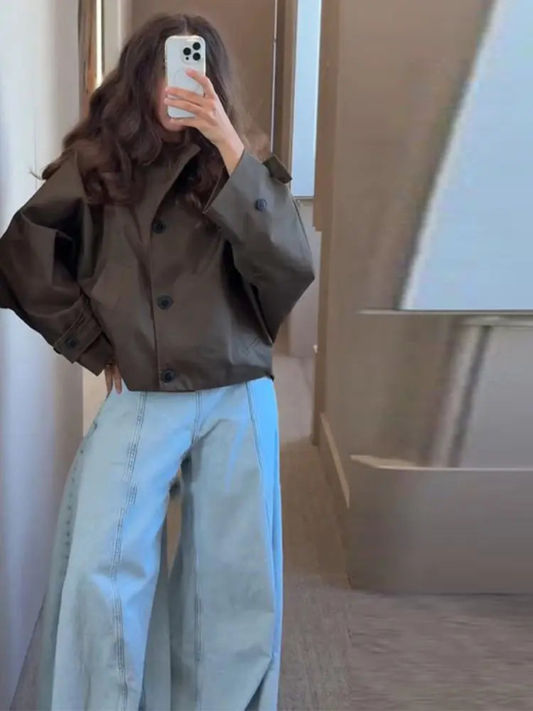 Vintage Single Breasted Women 's Treach Coats Loose Hooded Pockets Full Sleeve Short Jacket Female 2025 Autumn New Lady Outwears