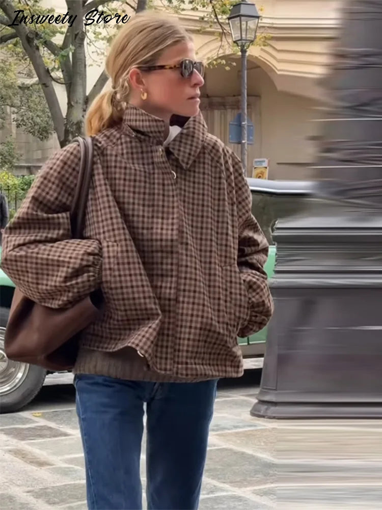 Long Sleeve Plaid Button-Up Shirt Jacket for Women
