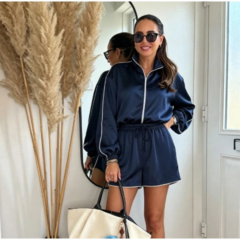 Relaxed Fit Casual Solid Coat Shorts Set for Women