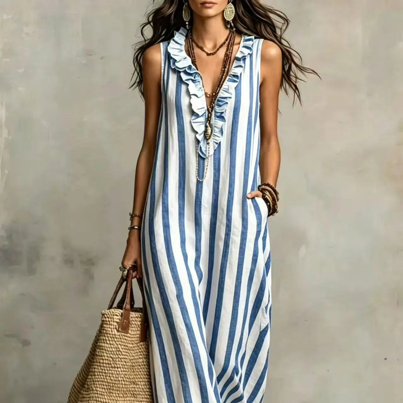 Striped V-Neck Ruffle Sleeveless Pocket Maxi Dress for Women