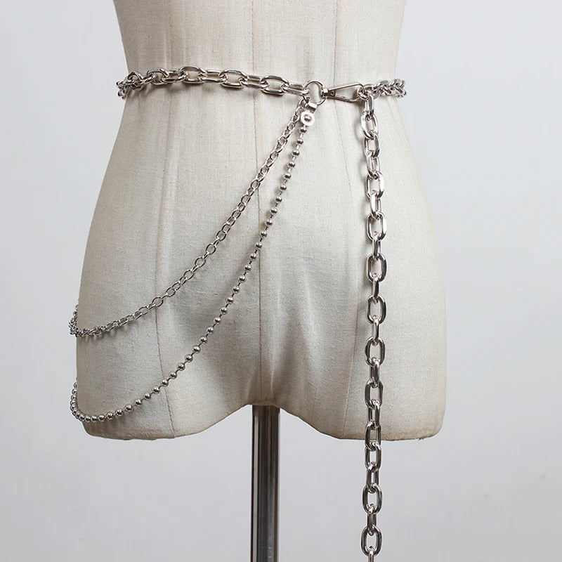 [EAM] Silver Color Metal Chain Long Irregular Belt Personality Women New Fashion Tide All-match Spring Autumn 2025 1DH8768