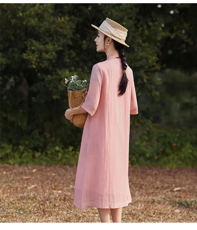 Elegant Floral Embroidered Ramie + Cheongsam Dress + for Women