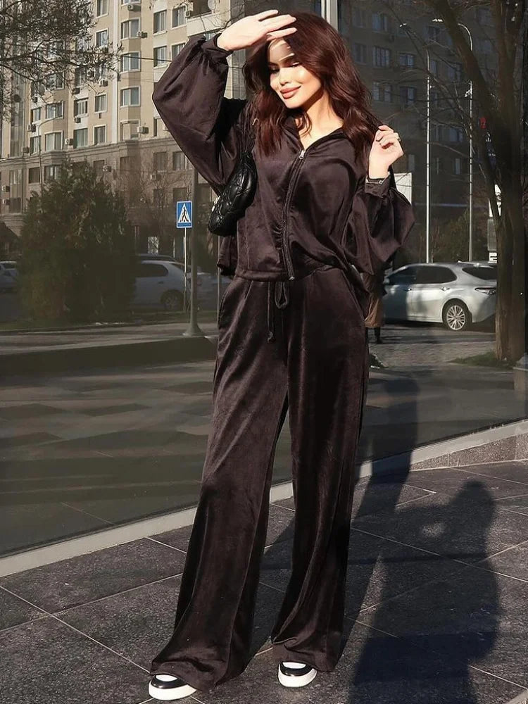 Chic Casual Velvet Hoodie Coat and Pants Set for Women
