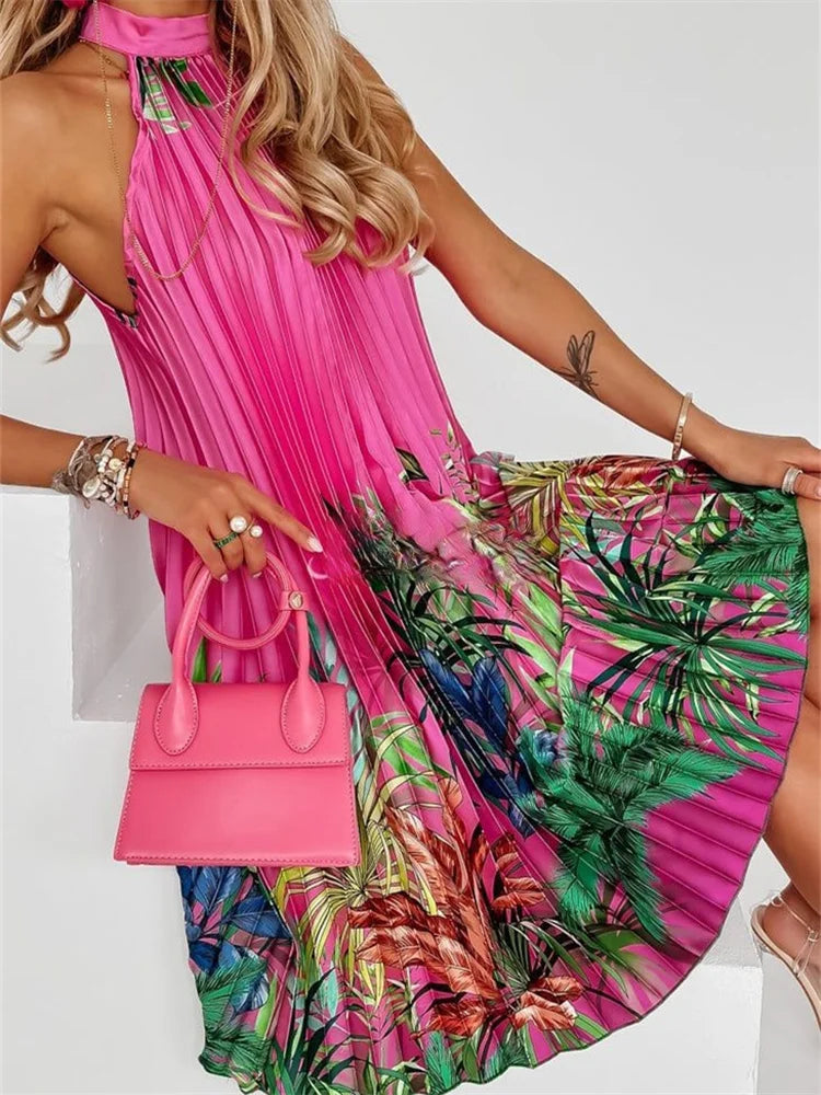 Wmstar Women Dress Lady Casual Loose Halter Pleated Maxi Fashion Leaf Print Sleeveless Beach Boho Elegant Halter Long Dresses