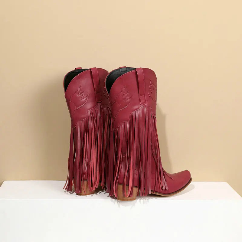 Retro Western Style Mid Calf Boots With Block Heel Tassels For Women