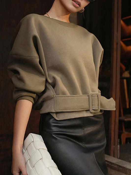 Beautyblue Fall Women's Sweatshirts Tops Female Hoodies 2025 Casual Belt Buckle Solid Color O-Neck Ladies Pullovers Clothing