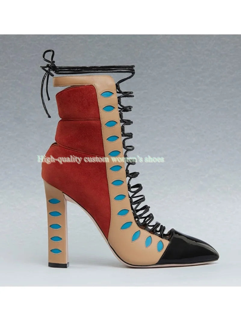 Retro Multicolor Hollow Out Chunky Heel Ankle Boots for Women