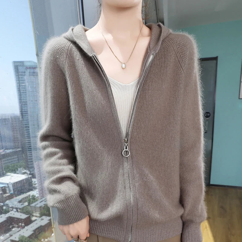 Loose Hooded Cashmere Knit Zipper Cardigan for Women