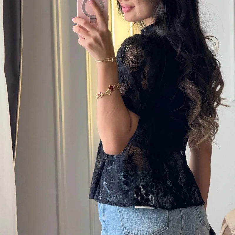 Short Sleeve Floral Lace Sheer Cheongsam Blouse for Women