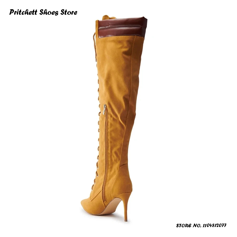 Cross Tied Pointed Toe Knee High Boots With Side Zipper For Women