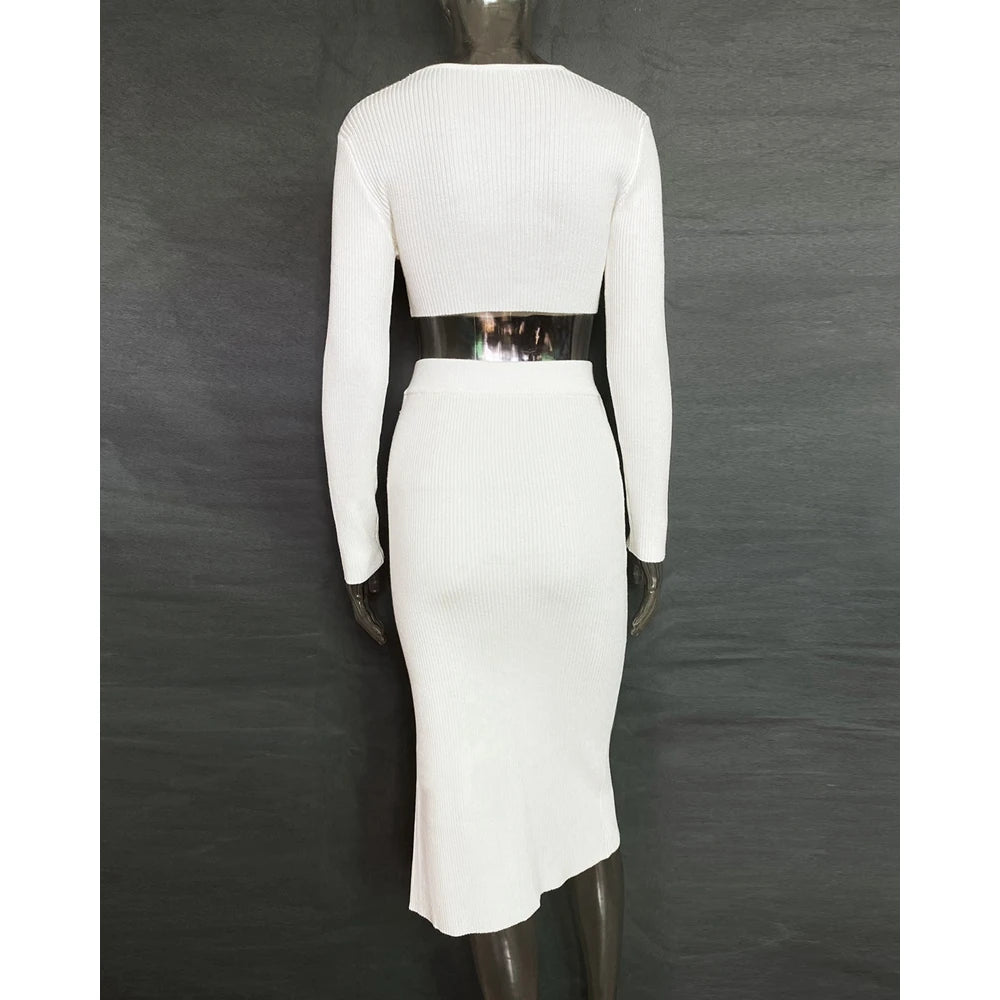 Casual Autumn Women V-Neck Long Sleeve Ribbed Knit Top & Button Slit Midi Skirt Set Slim Fit Two Pieces Dress Set