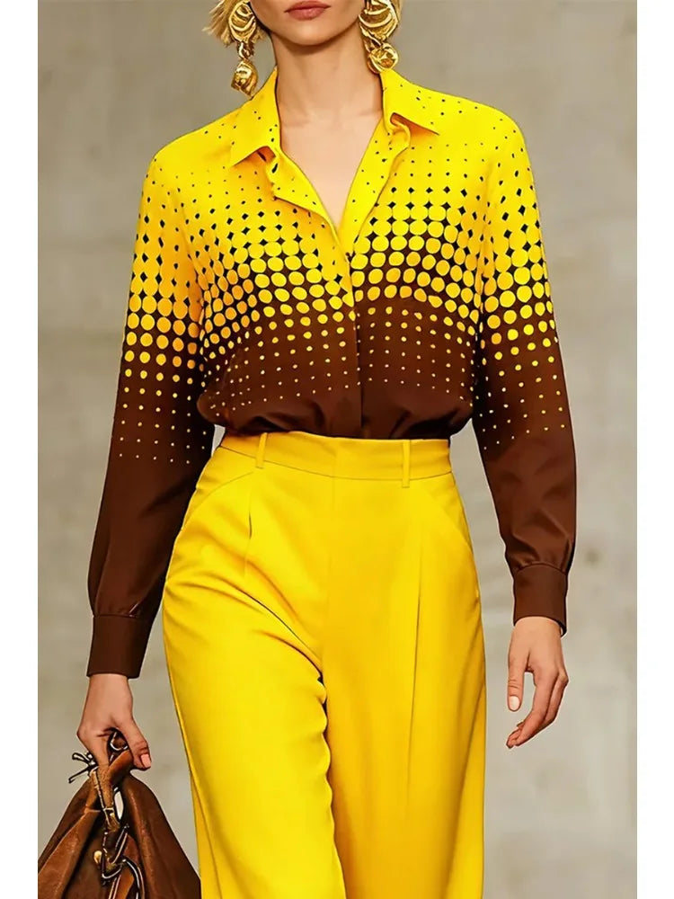 Bonboho Women's Yellow-Brown Gradient Polka Dot Shirt Top 2026 New Stylish Loose Long Sleeves T-shirt Elegant Office Blouse