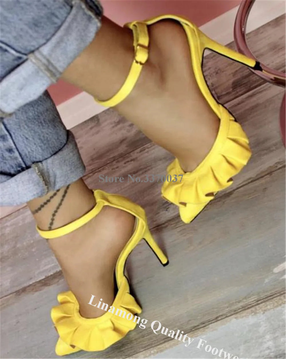 Yellow Suede Ruffle Ankle Strap Pointed Toe Stiletto Pumps For Women