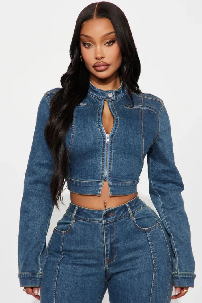 Elegant Blue Denim Matching Jacket And Trousers Set For Women