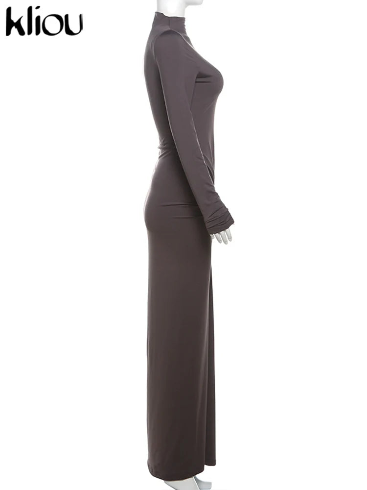 Shirred High Neck Long Sleeve Maxi Dress for Women