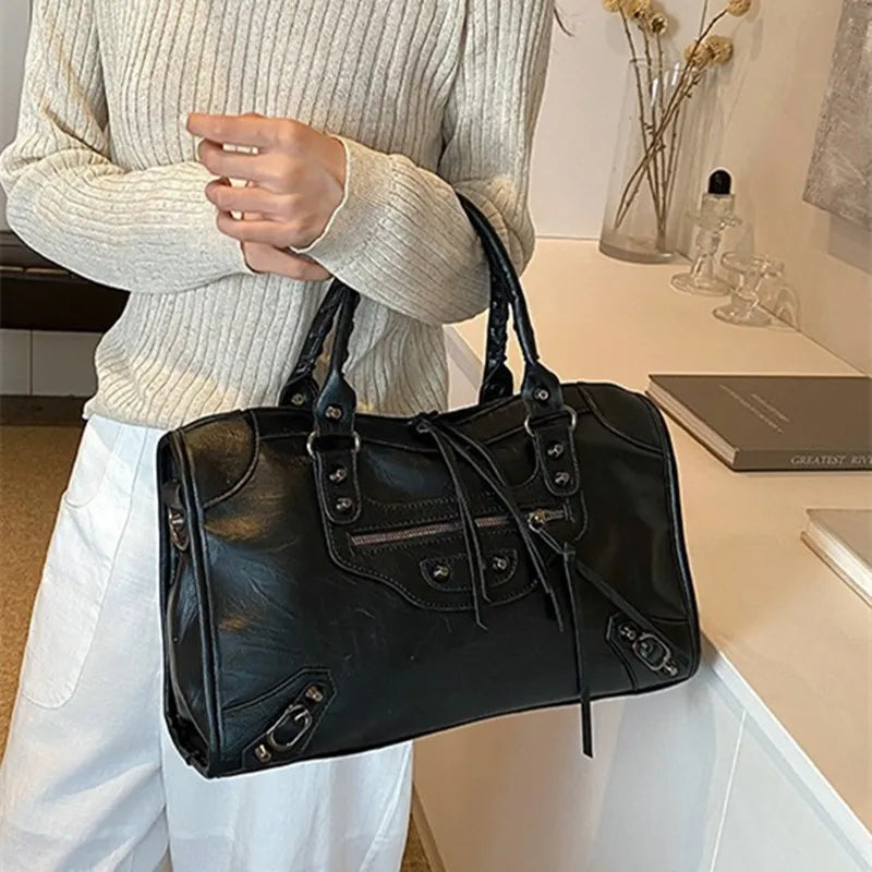 Rivet Embellished Faux Leather Tote Bag