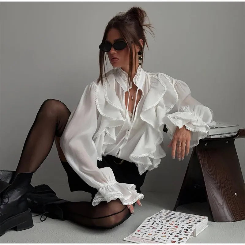 Elegant Long Sleeve Cascading Ruffle Blouse for Women