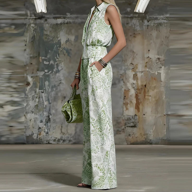 Printed Sleeveless Wide Leg Pants Suit Set for Women